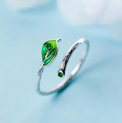 100% 925 Sterling Silver Green Enamel Leaves Vintage Adjustable Ring